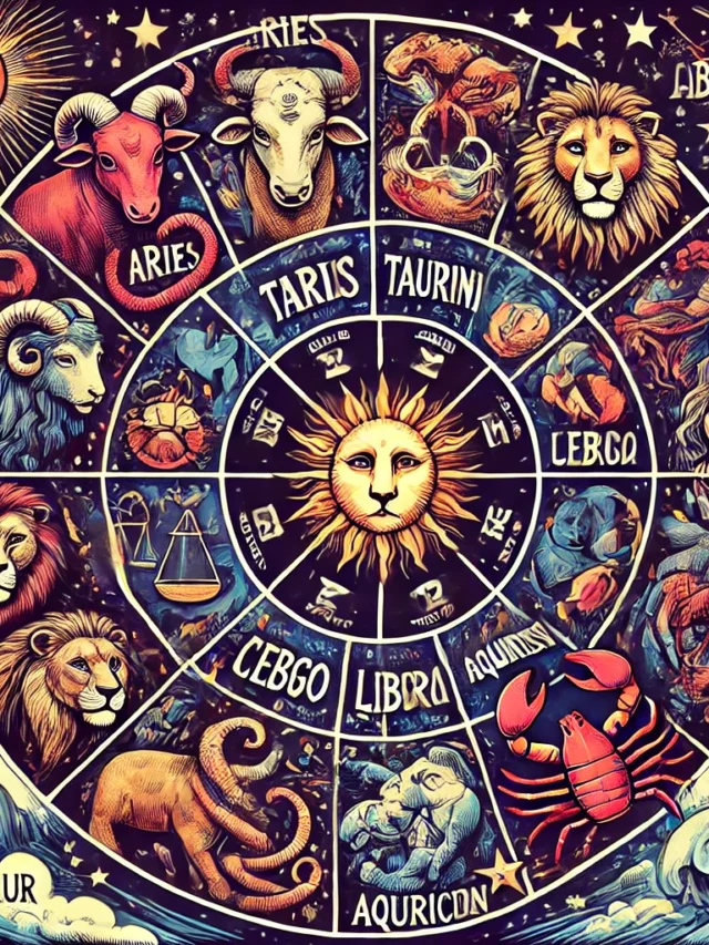 DALL·E 2024-07-18 06.05.45 - An illustration featuring all 12 zodiac signs arranged in a circular pattern. Each zodiac sign should be represented by its symbol and a corresponding